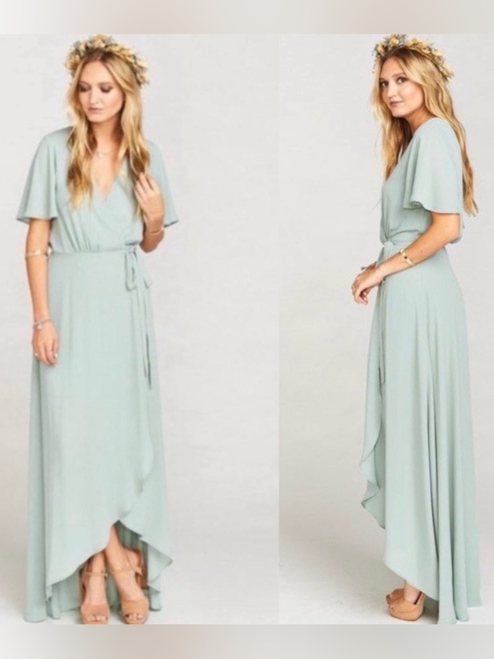 Show Me Your Mumu Sophia Wrap Dress Sage Green Full Length
Size Small